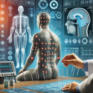A conceptual representation of clinical acupuncture trials with a stronger emphasis on acupuncture. The image features a modern medical research setti