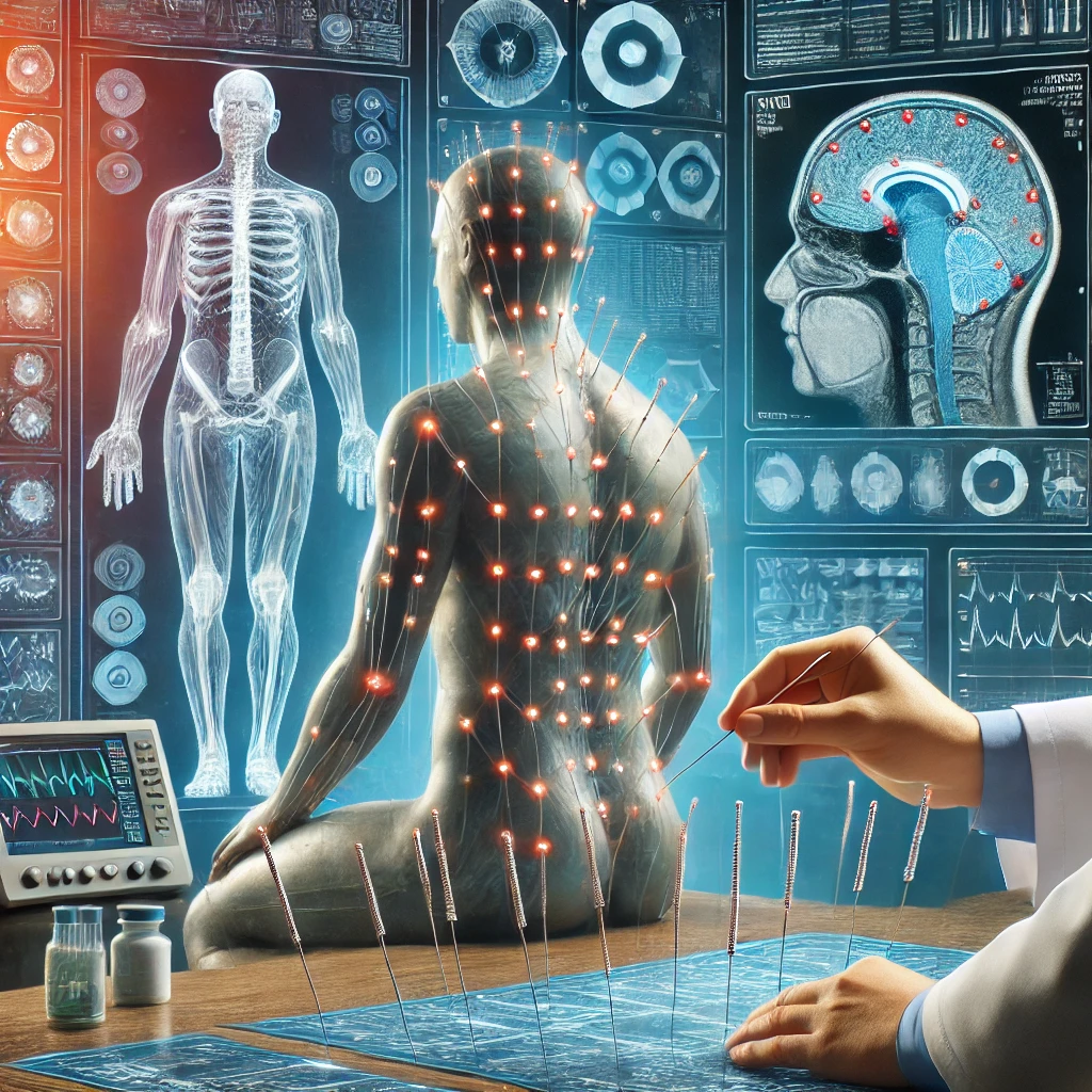 A conceptual representation of clinical acupuncture trials with a stronger emphasis on acupuncture. The image features a modern medical research setti