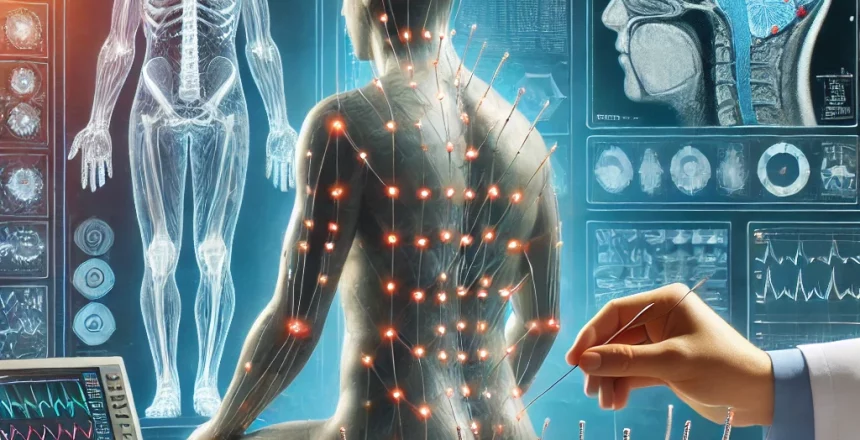 A conceptual representation of clinical acupuncture trials with a stronger emphasis on acupuncture. The image features a modern medical research setti